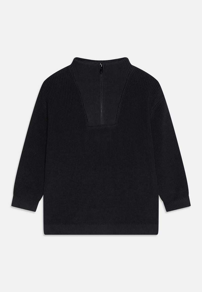 Maglione a maglia scura con colletto alto e zip sul retro. Tessuto a costine, maniche lunghe e vestibilità rilassata. Nessun motivo o accento visibile.