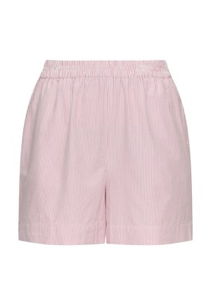 Striped shorts with an elastic waistband, featuring pink and white vertical stripes, crafted from lightweight fabric, and finished with side pockets.