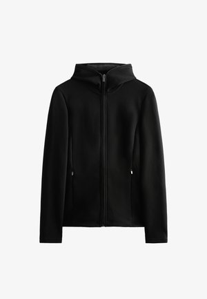 Black zippered jacket with a hood, made of soft fabric. Features two side pockets and a smooth, textured surface. Lightweight design.