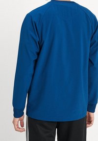 Niebieska koszula z długim rękawem, okrągłym dekoltem i rękawami raglanowymi. Gładka faktura, o luźnym kroju, odpowiednia do noszenia na co dzień.