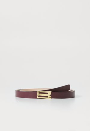 Burgundy leather belt with a smooth texture and a gold-tone rectangular buckle featuring cut-out accents. Belt is thin and flat.