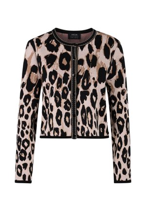 Leopardenmuster-Cardigan in Beige- und Schwarztönen, mit Rundhalsausschnitt, Knopfverschluss und kontrastierenden Besätzen. Weicher Strickstoff.