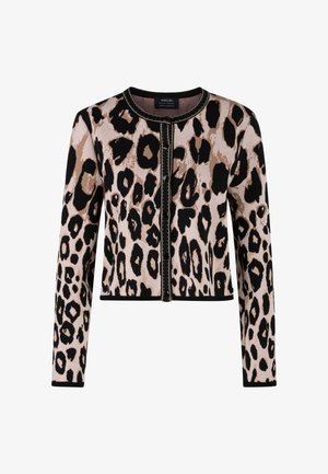 Leopardenmuster-Cardigan in Beige- und Schwarztönen, mit Rundhalsausschnitt, Knopfverschluss und kontrastierenden Besätzen. Weicher Strickstoff.