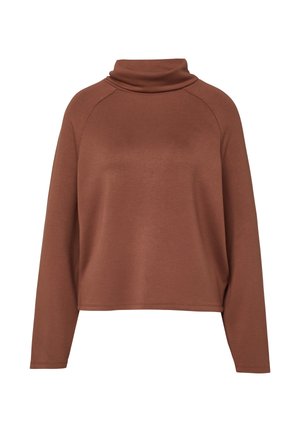 Bruin coltrui-top met lange mouwen, een ontspannen pasvorm en raglanmouwen, getoond op een witte achtergrond.