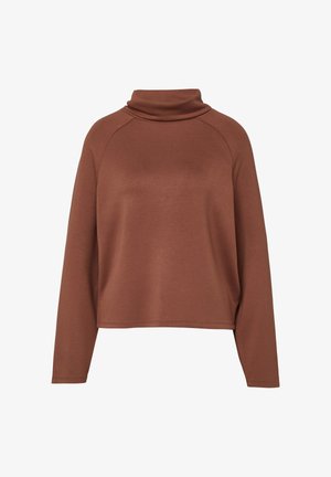 Haut marron à manches longues avec col roulé, coupe décontractée et manches raglan, présenté sur un fond blanc.