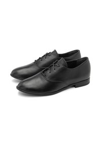 Chaussures en cuir noir au design épuré, à bout pointu et à lacets. Texture lisse et talon bas. Accents minimaux sur le dessus.