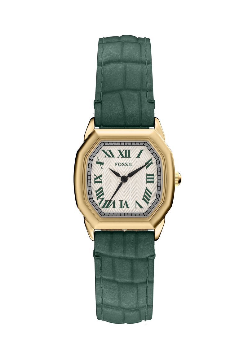 Achtkantige Fossil-Uhr mit goldenem Gehäuse, cremefarbenem Zifferblatt, grünen römischen Ziffern und einem dunkelgrünen, strukturierten Silikonarmband.