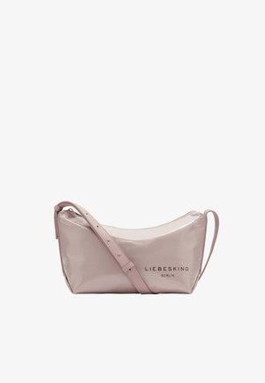 Borsa a tracolla in pelle sintetica rosa con chiusura a zip, design curvo e tracolla regolabile, caratterizzata dal logo stampato "LIEBESKIND BERLIN".