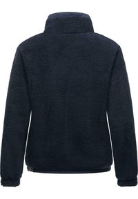 Giacca in fleece blu navy con colletto alto, esterno testurizzato e polsini elasticizzati. Presenta un orlo con un accento in tessuto a contrasto.