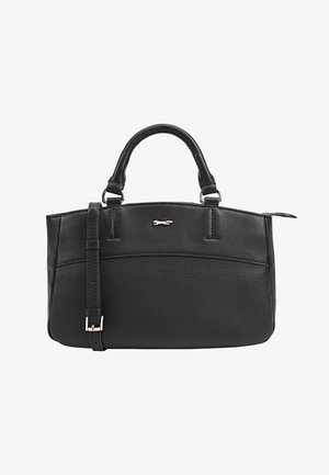 Zwart leren handtas met een gestructureerd ontwerp, dubbele bovengrepen, een verstelbare schouderband en een klein gouden logo-accent aan de voorkant.