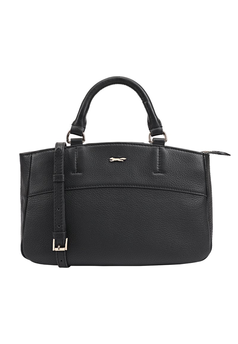 Zwart leren handtas met een gestructureerd ontwerp, dubbele bovengrepen, een verstelbare schouderband en een klein gouden logo-accent aan de voorkant.