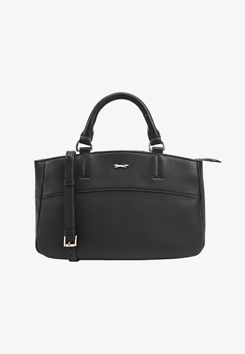 Zwart leren handtas met een gestructureerd ontwerp, dubbele bovengrepen, een verstelbare schouderband en een klein gouden logo-accent aan de voorkant.