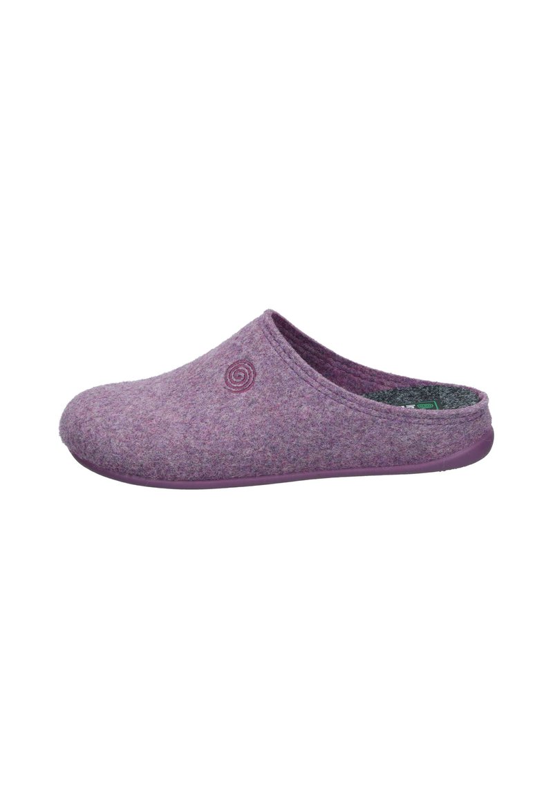 Purple felt slipper with a rounded shape, textured surface, and a swirl logo. Features a flexible purple sole for comfort and stability.