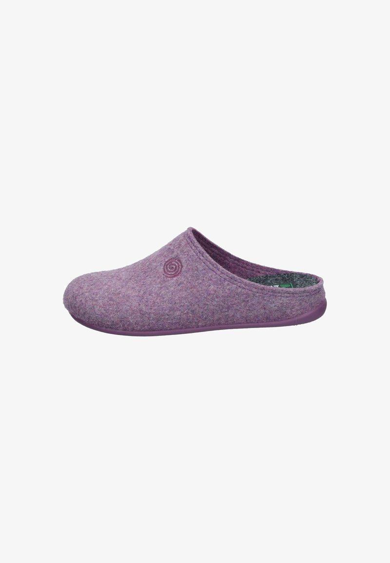 Purple felt slipper with a rounded shape, textured surface, and a swirl logo. Features a flexible purple sole for comfort and stability.
