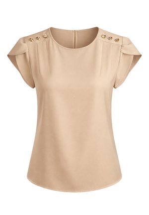 Beżowa bluzka z krótkim rękawem, z okrągłym dekoltem, ozdobnymi plisami i trzema złotymi guzikami na każdym ramieniu.