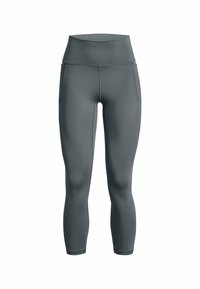 Leggings grigi a vita alta realizzati in un tessuto elasticizzato, con due tasche laterali, design aderente e texture liscia.