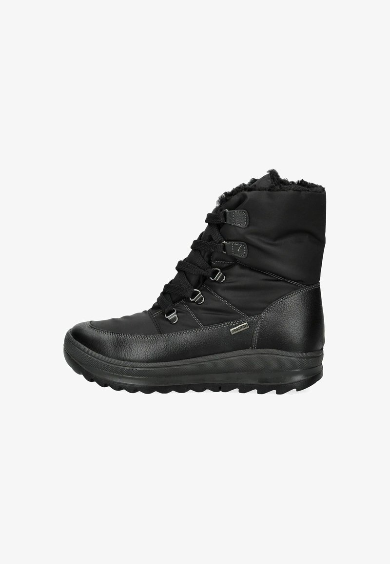 Stivale invernale impermeabile nero realizzato in materiali tessili e in pelle, con colletto imbottito, design con lacci e suola in gomma con texture. Presenta accenti in metallo.