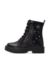 Botas de tobillo de piel negra con punta redonda, cordones en la parte delantera, cremallera incorporada, acentos de estrellas y una suela de goma gruesa.