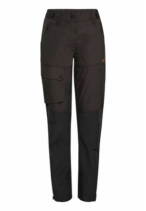 Black outdoor pants with a tailored fit, featuring a side cargo pocket, reinforced knees, and contrasting fabric panels at the hem.