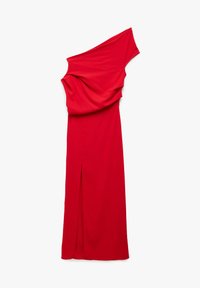 Rotes einseitig getragenes Kleid mit drapiertem Oberteil, seitlichem Schlitz, glatter Textur und langem Schnitt. Hergestellt aus elastischem Material für eine enganliegende Passform.
