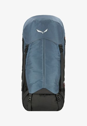 Blauer und schwarzer Wander-Rucksack mit verstellbaren Gurten, oberer Klappe mit weißem Logo und seitlicher Reißverschlusstasche.