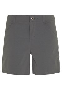 Harmaat shortsit, joissa on sileä pinta. Ominaisuuksiin kuuluvat kaksi etutaskua ja nappikiinnitys vyötäröllä. Suorat lahkeet.