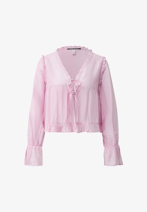 Hellrosa langärmlige Bluse mit Rüschenkanten, V-Ausschnitt und zwei vorderen Bindeverschlüssen, mit gerafften Manschetten und leicht verkürztem Schnitt.