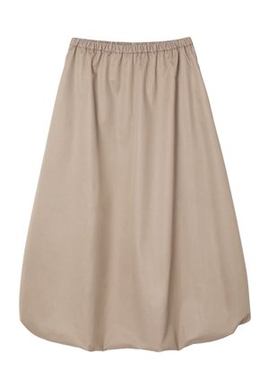 Beeživärviline põlvekõrgune seelik elastse vöökoha ja kergelt pallikujulise heatega, valmistatud siledast kangast, mis tagab lõdva istuvuse.