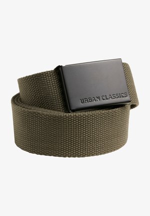 Ceinture tissée vert olive avec une boucle en métal noir portant le texte en relief "URBAN CLASSICS." Tissu durable avec une finition texturée.