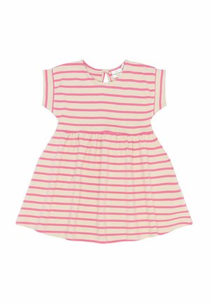 Stribet kjole i lys beige med pink striber, korte ærmer, samlet nederdel og nøglehul-detail i ryggen med knaplukning. Blødt stof.