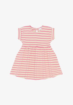 Šviesiai smėlio spalvos su rožinėmis juostelėmis sijonas, trumpomis rankovėmis, suburta sijoninė dalis ir atvira nugaros detalė su mygtuko uždarymu. Minkšta medžiaga.