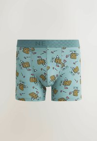Vyriški šortai bokseriai šviesiai žalsvos spalvos su spalvingais animacinių filmų vaflių ir personažų raštais. Elastinė juosmens juosta su „NEX“ ženklinimu. Minkšta medžiaga.