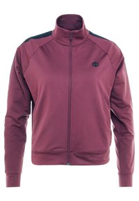 Bordeauxfarbene Zip-Jacke mit hohem Kragen, Raglanärmeln und einem schwarzen Logo auf der Brust. Glattes Material mit figurnaher Passform.
