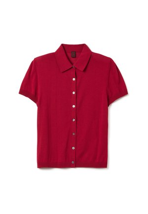 Rode short-sleeve overhemd met knoopsluiting en kraag, voorzien van witte knopen, een gladde textuur en ribbelaccenten op de mouwen en onderrand.