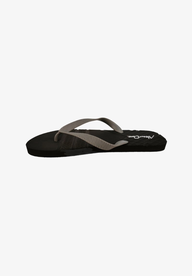 Black flip-flop with gray striped straps, a textured footbed, and a flat sole. Designed for casual wear and easy slip-on use.