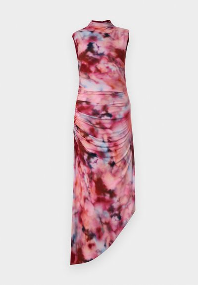 A sleeveless, asymmetrical dress in a pink, blue, and brown tie-dye pattern with gathered detailing along the side. Smooth fabric texture.