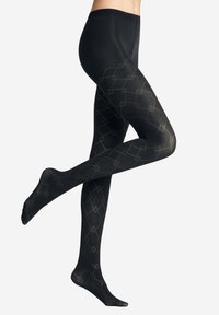 Collant neri con un motivo geometrico dorato, caratterizzati da una texture liscia e una vita senza cuciture per comfort e stile.