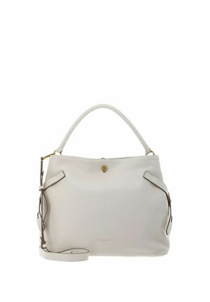 Sac à main en cuir blanc avec poignée supérieure, bandoulière amovible et fermeture à bouton doré, présenté sur un fond blanc.