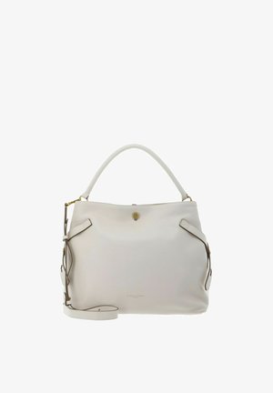 Weiße Lederhandtasche mit Tragegriff oben, abnehmbarem Schultergurt und goldfarbenem Knopfverschluss, dargestellt vor weißem Hintergrund.