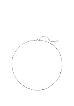 Silberne Kettenhalskette mit kleinen gleichmäßig verteilten Perlen in Rosa, Blau, Gelb und Grün, mit einem Karabinerverschluss und Verlängerungskette.