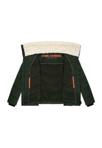 Tamsiai žalia izoliuota striukė su nuimamu kreminės spalvos dirbtinio kailio apdailu, su oranžiniu logotipu ir dviem vidinėmis kišenėmis su užtrauktukais.