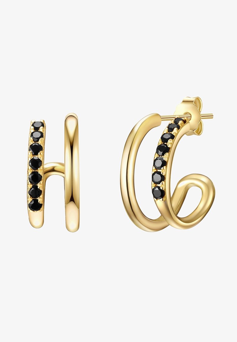 Auksinės spalvos auskarai su spiralinio dizaino akcentais, kuriuose vienoje pusėje yra juodųjų akmenų, su poliruotu paviršiumi ir saugia užsegimo sistema.