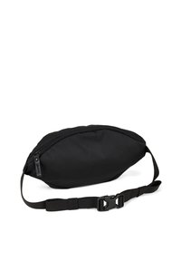 Schwarze Nylon-Gürteltasche mit runder Form, Reißverschlussverschluss, verstellbarem Gurtband und seitlichem Schnellverschluss. Glatte Oberfläche überall.