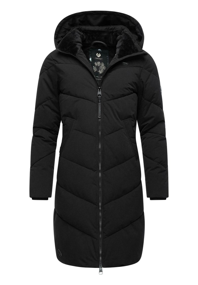 Black puffer coat with a hood, featuring a zip closure, chevron stitching pattern, and two side pockets. Soft inner lining.