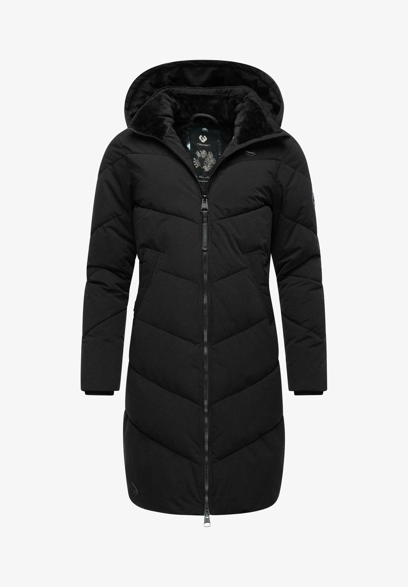 Black puffer coat with a hood, featuring a zip closure, chevron stitching pattern, and two side pockets. Soft inner lining.