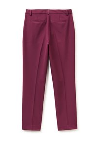 Pantaloni su misura bordeaux realizzati in tessuto liscio, con due tasche posteriori e un design a gamba dritta, caratterizzati da dettagli di piega sulla parte anteriore.