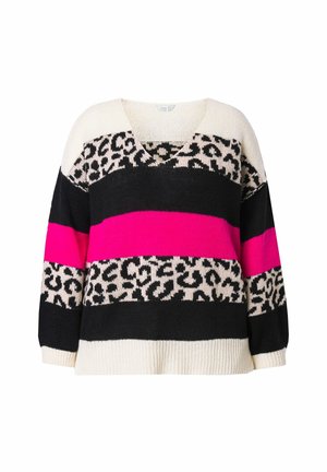 Maglione lavorato a maglia con scollatura a V, maniche larghe e un audace motivo a righe in nero, bianco, rosa e stampa leopardata su diverse sezioni.