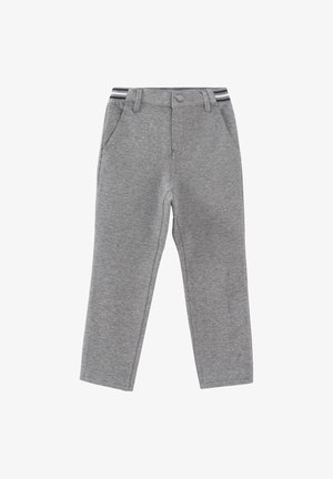 Pantalon gris en tissu doux, avec une coupe droite, des poches avant et une taille élastique rayée. Idéal pour une tenue décontractée.