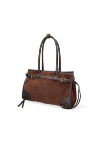 Borsa in suede marrone con dettagli in pelle, dotata di doppi manici, un dettaglio con fibbia e una forma strutturata. Finitura testurizzata, grande dimensione.