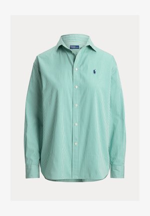 Cămașă cu dungi verde deschis, cu mâneci lungi, din bumbac, prevăzută cu guler cu nasturi și un mic logo albastru brodat pe piept.